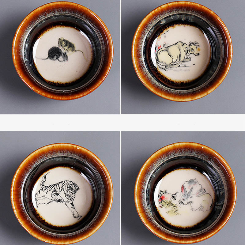 Tasse à thé en céramique avec 12 motifs du zodiaque chinois et Buddha Stones Tasse à thé chinoise Kung Fu Jian Zhan 73 ml