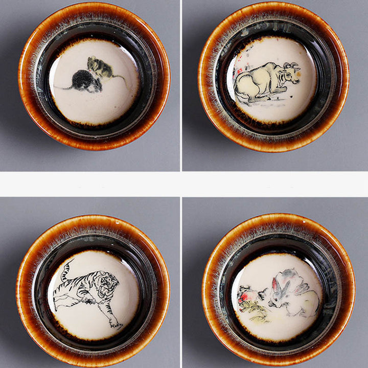 Tasse à thé en céramique avec 12 motifs du zodiaque chinois et Buddha Stones Tasse à thé chinoise Kung Fu Jian Zhan 73 ml