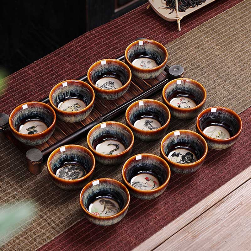 Tasse à thé en céramique avec 12 motifs du zodiaque chinois et Buddha Stones Tasse à thé chinoise Kung Fu Jian Zhan 73 ml