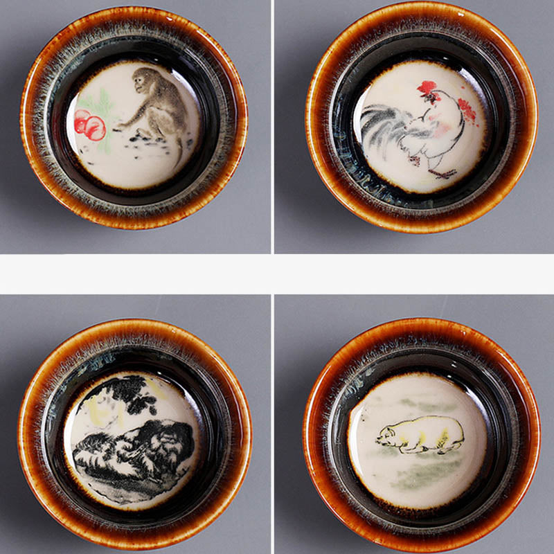 Tasse à thé en céramique avec 12 motifs du zodiaque chinois et Buddha Stones Tasse à thé chinoise Kung Fu Jian Zhan 73 ml