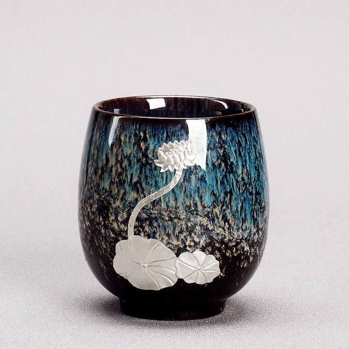 Tasse à thé en céramique chinoise Jianzhan Buddha Stones et feuille de fleur de lotus argentée, tasse à thé Kung Fu 150 ml