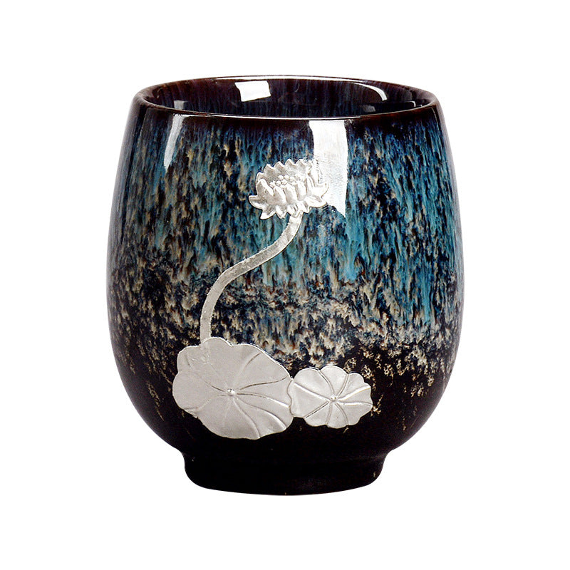 Tasse à thé en céramique chinoise Jianzhan Buddha Stones et feuille de fleur de lotus argentée, tasse à thé Kung Fu 150 ml