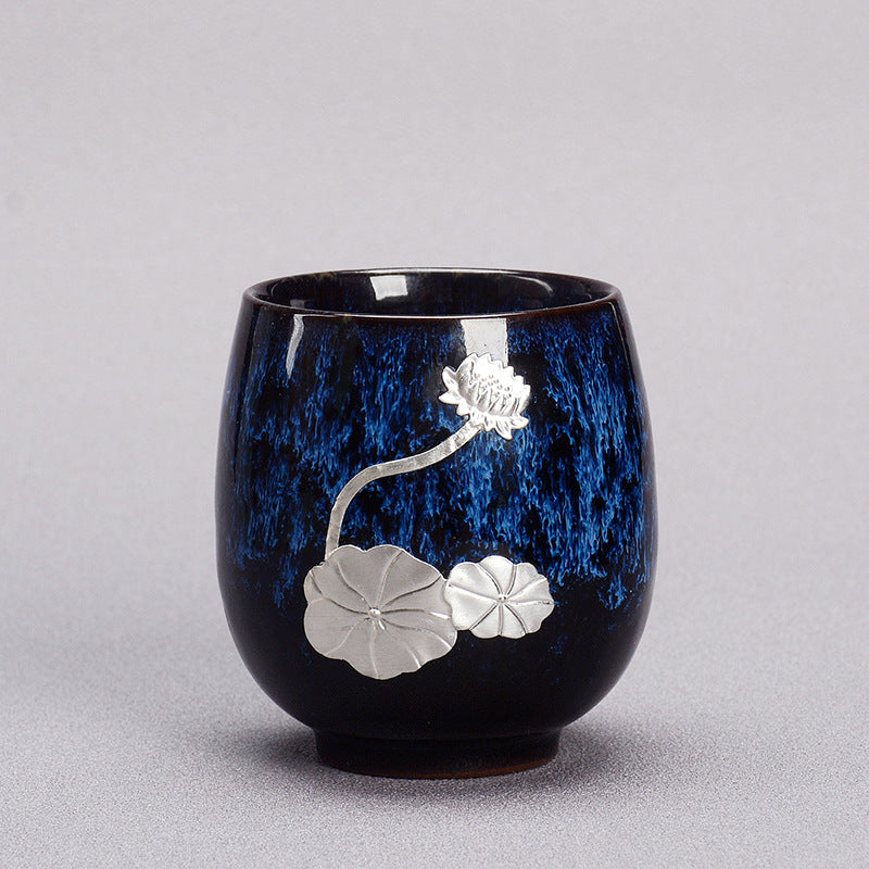 Tasse à thé en céramique chinoise Jianzhan Buddha Stones et feuille de fleur de lotus argentée, tasse à thé Kung Fu 150 ml