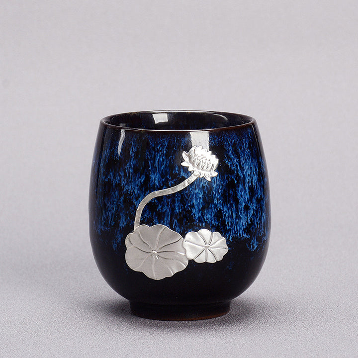 Tasse à thé en céramique chinoise Jianzhan Buddha Stones et feuille de fleur de lotus argentée, tasse à thé Kung Fu 150 ml