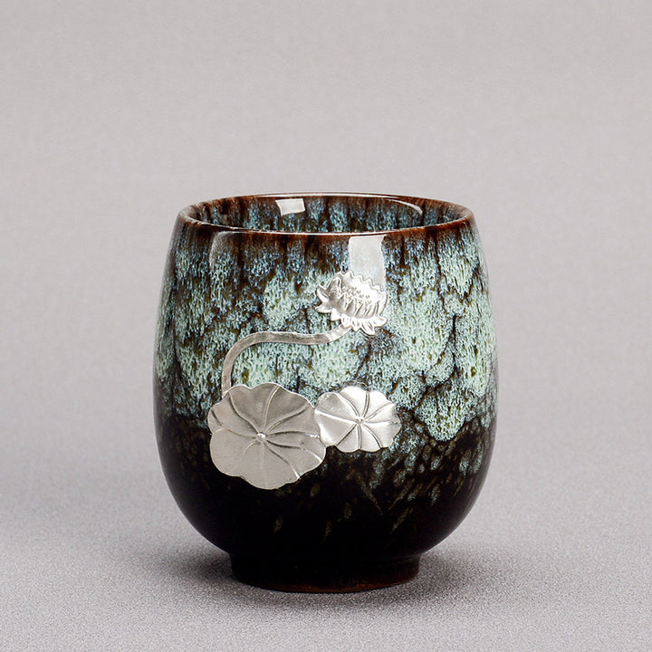 Tasse à thé en céramique chinoise Jianzhan Buddha Stones et feuille de fleur de lotus argentée, tasse à thé Kung Fu 150 ml