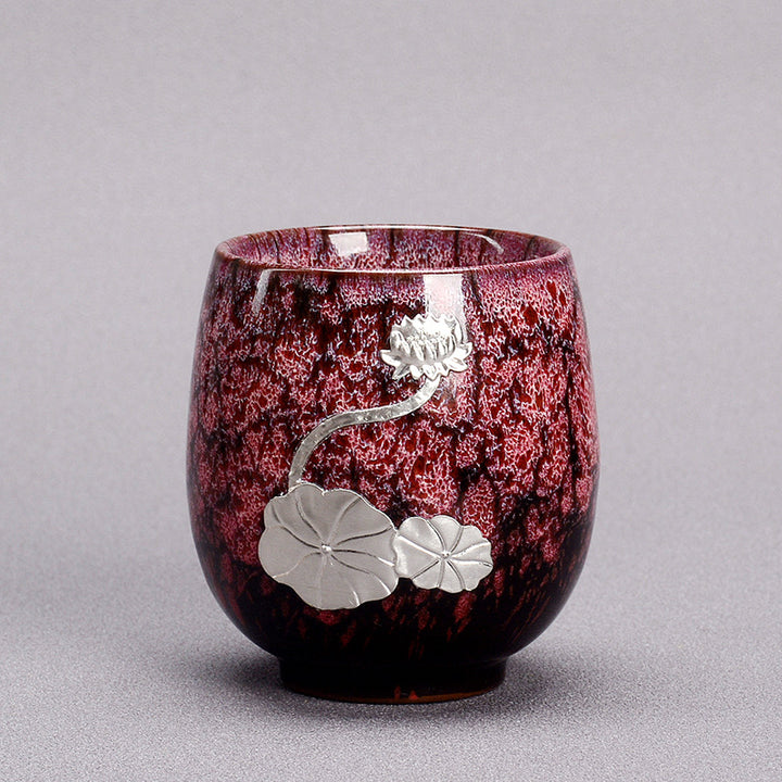 Tasse à thé en céramique chinoise Jianzhan Buddha Stones et feuille de fleur de lotus argentée, tasse à thé Kung Fu 150 ml