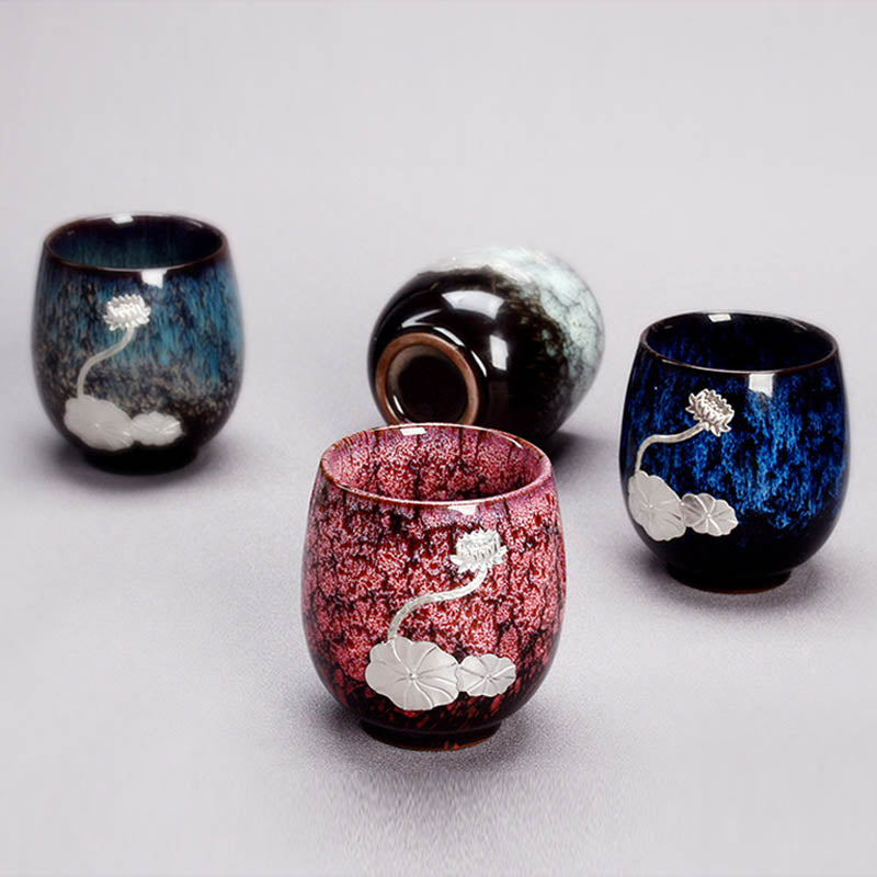 Tasse à thé en céramique chinoise Jianzhan Buddha Stones et feuille de fleur de lotus argentée, tasse à thé Kung Fu 150 ml