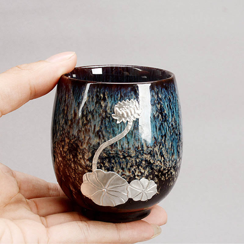 Tasse à thé en céramique chinoise Jianzhan Buddha Stones et feuille de fleur de lotus argentée, tasse à thé Kung Fu 150 ml