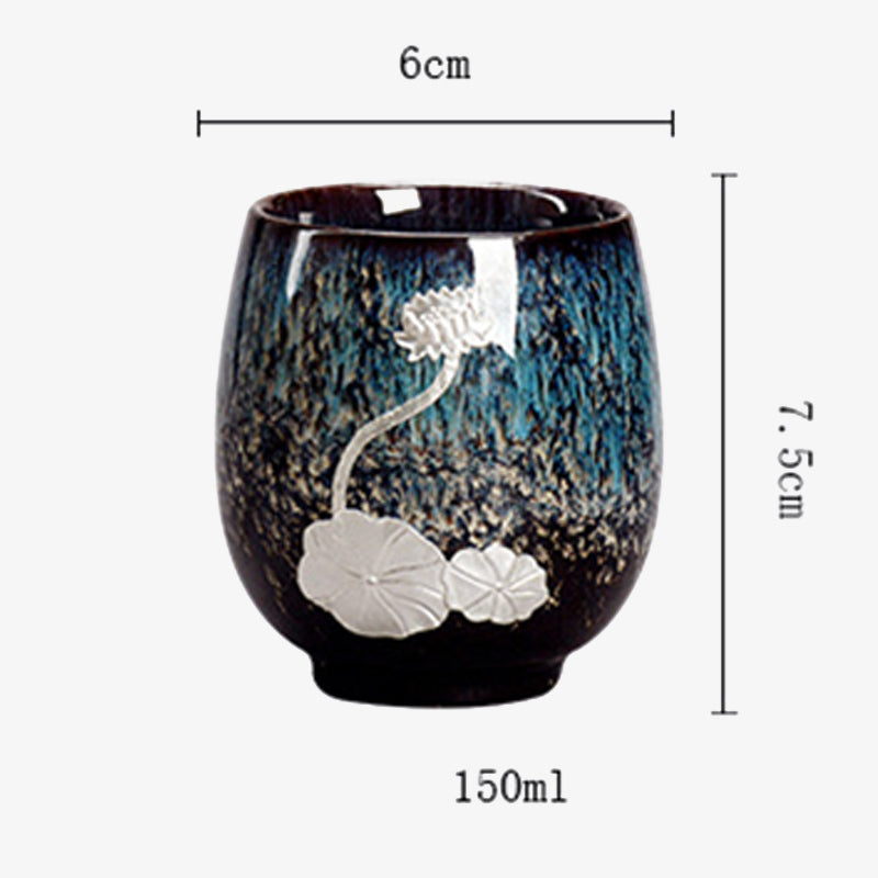 Tasse à thé en céramique chinoise Jianzhan Buddha Stones et feuille de fleur de lotus argentée, tasse à thé Kung Fu 150 ml