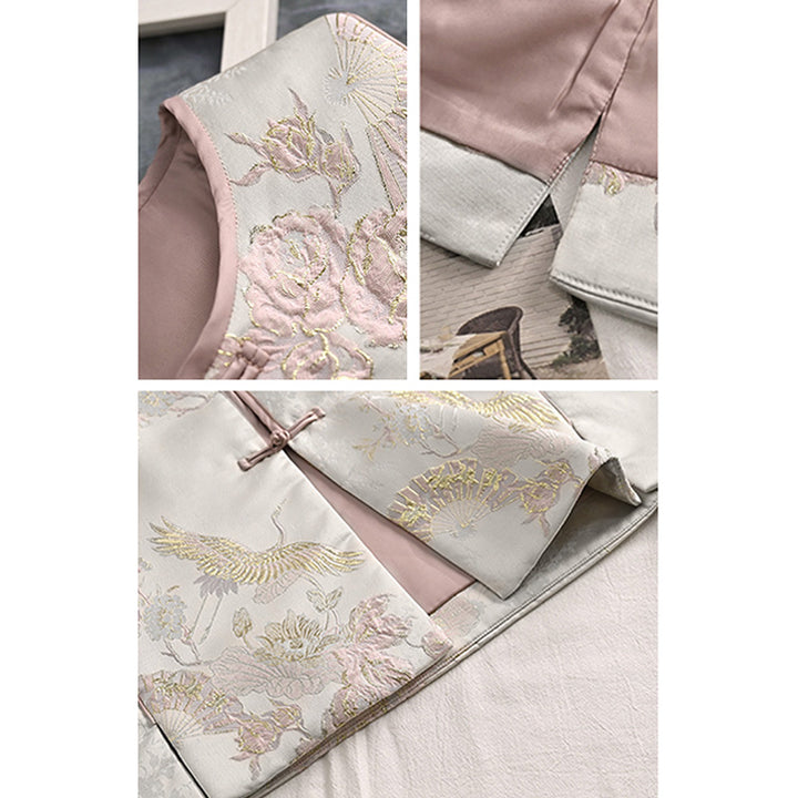 Buddha Stones Grue Fleurs Herbe Broderie Vêtements Gilet Chinois Vêtements Femme