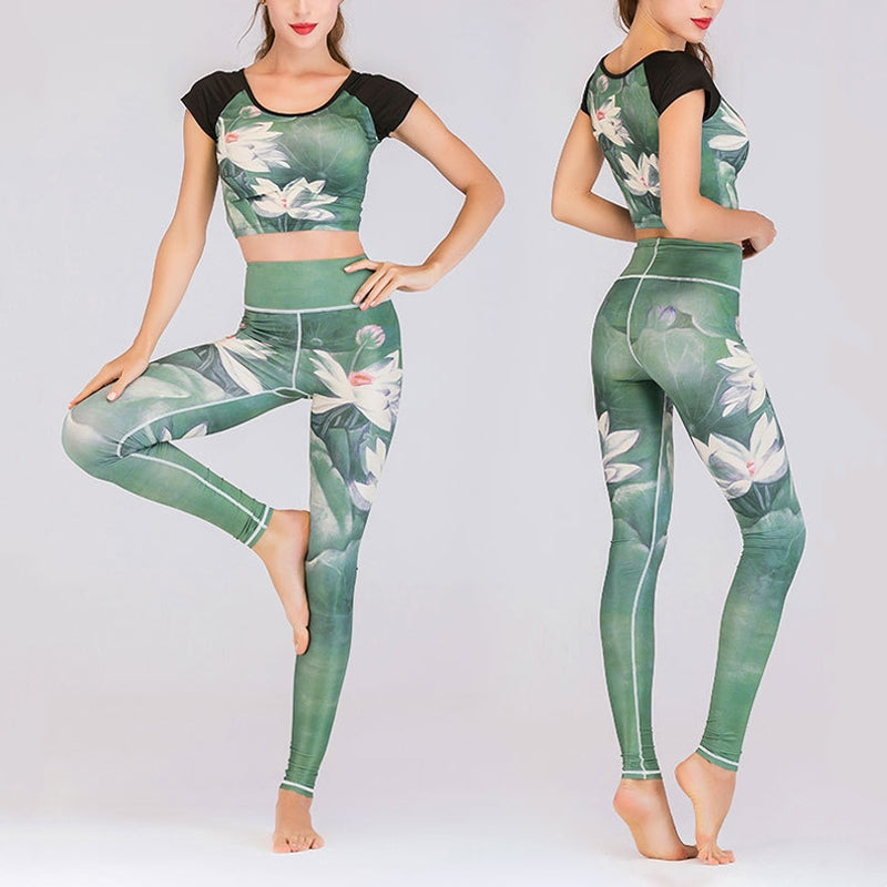 Ensemble de yoga pour femme avec haut et pantalon imprimé paon et Buddha Stones, 2 pièces, lotus, phénix, fleurs de printemps - Lotus - US8-10，UK/AU12-14，EU40-42 (XL) - image 0