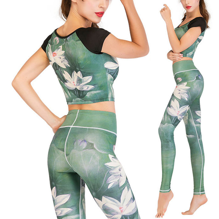 Ensemble de yoga pour femme avec haut et pantalon imprimé paon et Buddha Stones, 2 pièces, lotus, phénix, fleurs de printemps - image 1