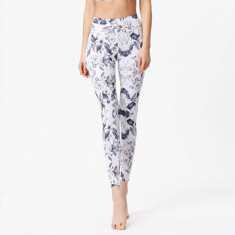 Pantalon imprimé Buddha Stones Fleurs Feuilles Leggings de sport Fitness Yoga Pantalons de yoga pour femmes - Blanc Bleu - US8-10，UK/AU12-14，EU40-42 (XL) - image 5
