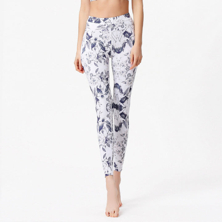 Pantalon imprimé Buddha Stones Fleurs Feuilles Leggings de sport Fitness Yoga Pantalons de yoga pour femmes - Blanc Bleu - US8-10，UK/AU12-14，EU40-42 (XL) - image 5