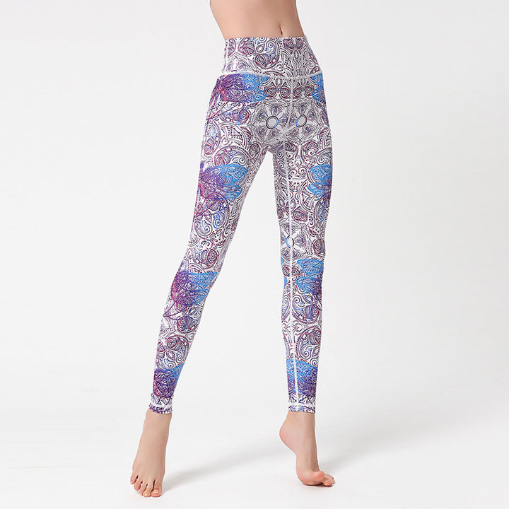 Pantalon imprimé Buddha Stones Fleurs Feuilles Oiseaux Leggings de sport Fitness Yoga Pantalons de yoga pour femmes - Violet Bleu Blanc - US8-10，UK/AU12-14，EU40-42 (XL) - image 0