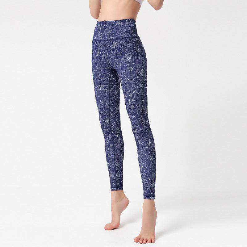 Pantalon imprimé Buddha Stones Fleurs Feuilles Oiseaux Leggings de sport Fitness Yoga Pantalons de yoga pour femmes - Fleurs bleues - US8-10，UK/AU12-14，EU40-42 (XL) - image 15