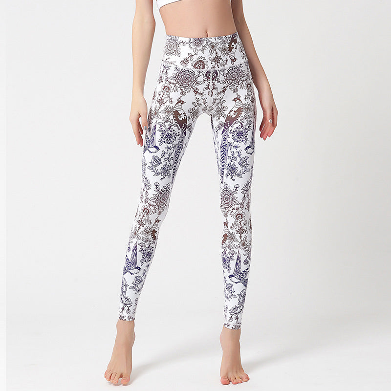 Pantalon imprimé Buddha Stones Fleurs Feuilles Oiseaux Leggings de sport Fitness Yoga Pantalons de yoga pour femmes - Oiseaux aux fleurs blanches - US8-10，UK/AU12-14，EU40-42 (XL) - image 19