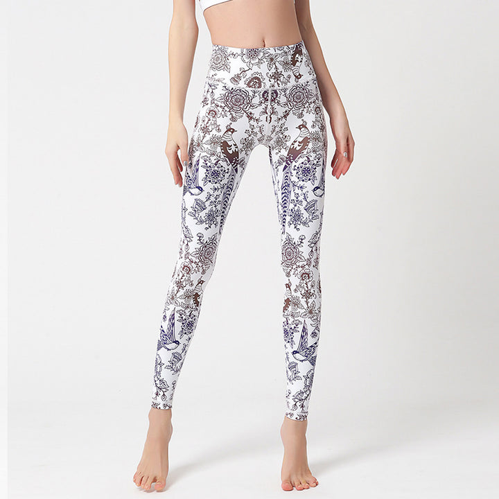 Pantalon imprimé Buddha Stones Fleurs Feuilles Oiseaux Leggings de sport Fitness Yoga Pantalons de yoga pour femmes - Oiseaux aux fleurs blanches - US8-10，UK/AU12-14，EU40-42 (XL) - image 19