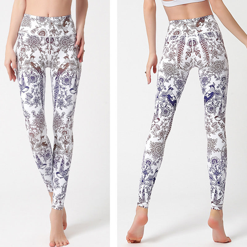 Pantalon imprimé Buddha Stones Fleurs Feuilles Oiseaux Leggings de sport Fitness Yoga Pantalons de yoga pour femmes