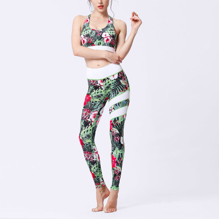 Ensemble de yoga pour femme avec haut et pantalon imprimé fleurs de tournesol et feuilles de Buddha Stones 2 pièces - Fleurs vertes et rouges - US8-10，UK/AU12-14，EU40-42 (XL)  - image 4