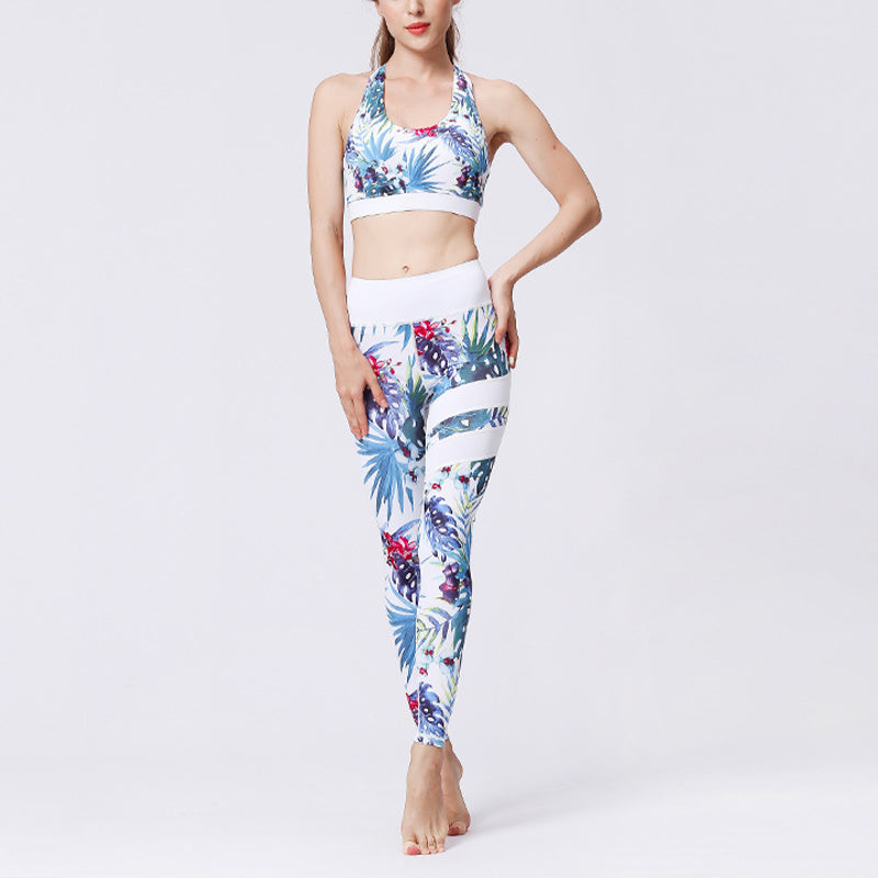 Ensemble de yoga pour femme avec haut et pantalon imprimé fleurs de tournesol et feuilles de Buddha Stones 2 pièces - Arbre bleu blanc - US8-10，UK/AU12-14，EU40-42 (XL)  - image 9