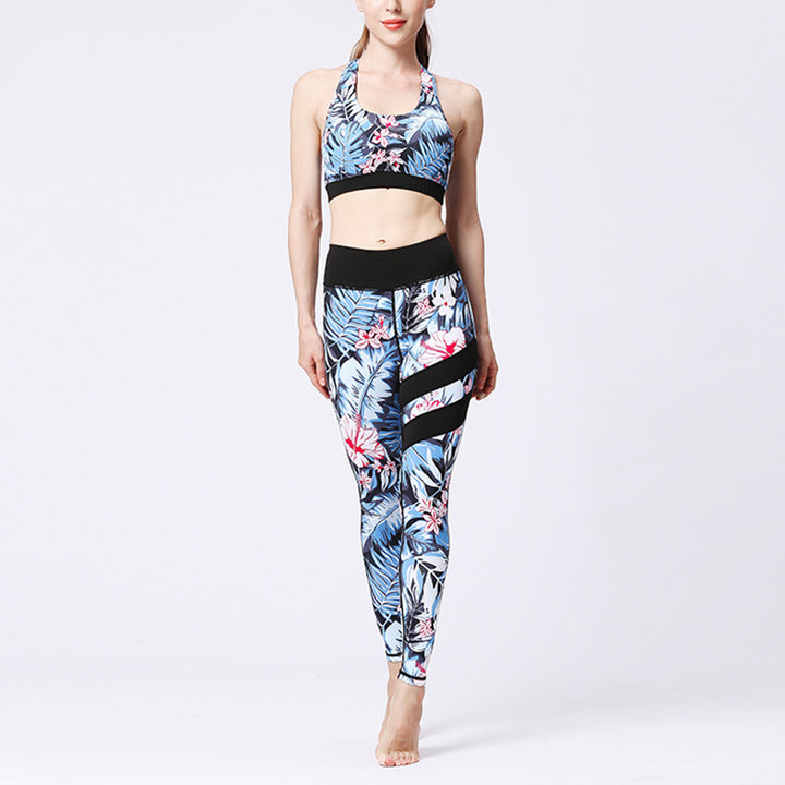 Ensemble de yoga pour femme avec haut et pantalon imprimé fleurs de tournesol et feuilles de Buddha Stones 2 pièces - Feuilles bleues Fleurs roses - US8-10，UK/AU12-14，EU40-42 (XL)  - image 21