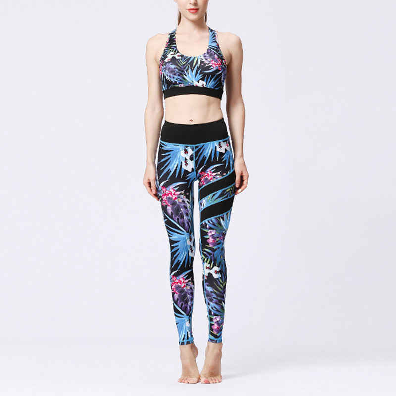 Ensemble de yoga pour femme avec haut et pantalon imprimé fleurs de tournesol et feuilles de Buddha Stones 2 pièces - Feuilles noires et bleues - US8-10，UK/AU12-14，EU40-42 (XL)  - image 32