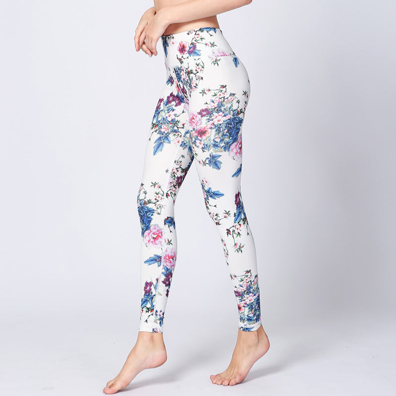 Leggings de sport, fitness, yoga, pantalon pour femme, Buddha Stones, fleur rose, blanc, encre colorée, imprimé blanc - Fleur rose blanche - US8-10，UK/AU12-14，EU40-42 (XL) - image 0