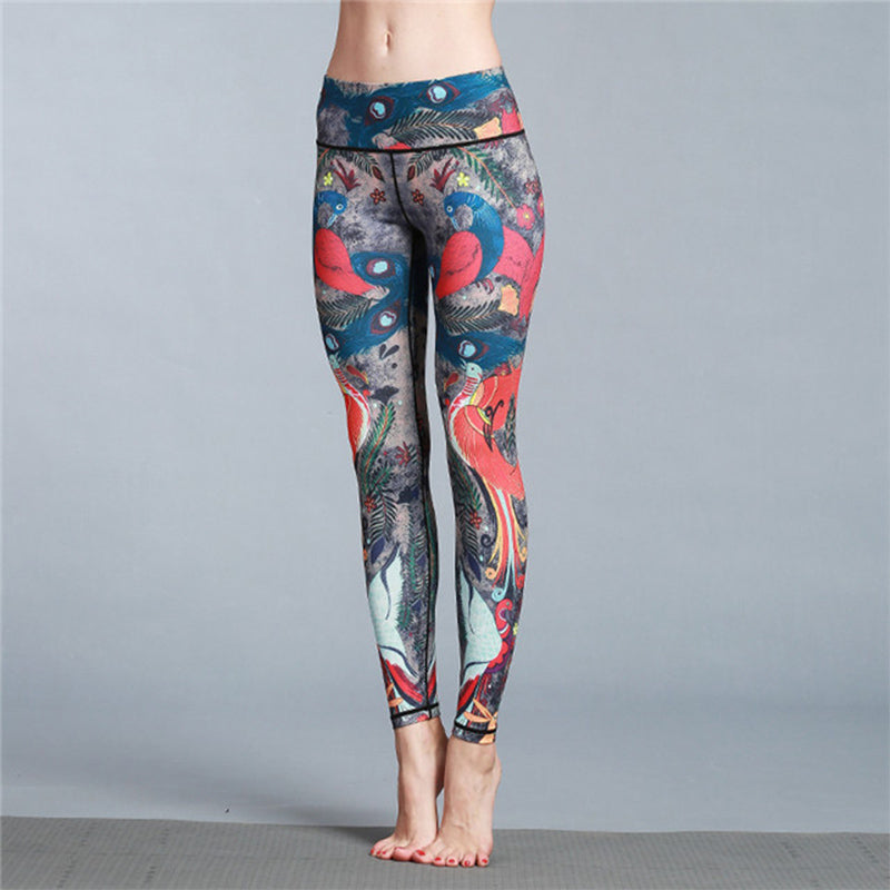 Pantalon imprimé plumes de paon rouge et bleu Buddha Stones Leggings de sport, de fitness, de yoga, pantalon de yoga pour femme - image 1