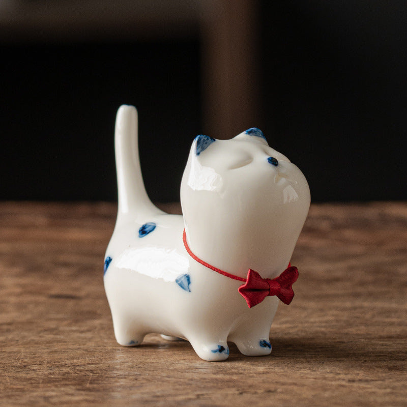 Figurine de Buddha Stones porte-bonheur en céramique en forme de chat blanc porte-bonheur en forme de chaton - Chaton blanc (style nœud rouge) 8,9 cm x 3,7 cm x 7,6 cm - image 14