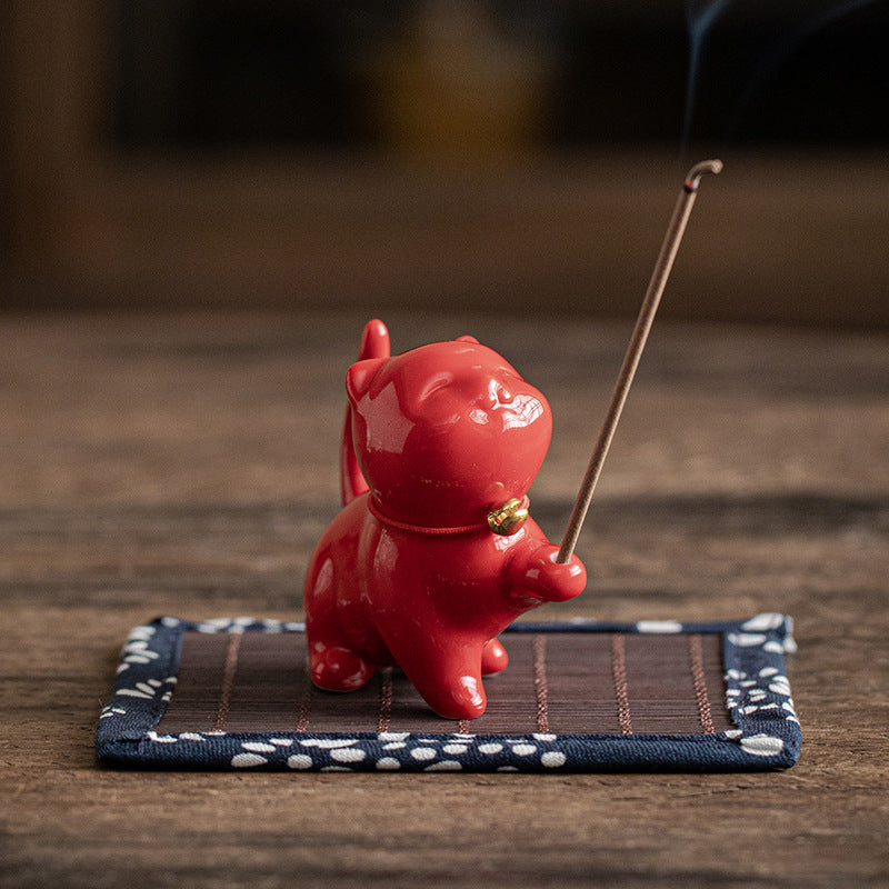 Figurine de chat porte-bonheur en céramique en forme de Buddha Stones avec tapis en bambou - Chaton rouge 6,2 cm x 3,2 cm x 5,6 cm - image 17