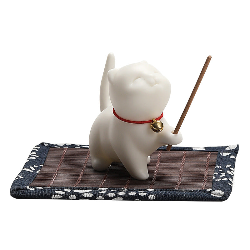 Figurine de chat porte-bonheur en céramique en forme de Buddha Stones avec tapis en bambou - image 11
