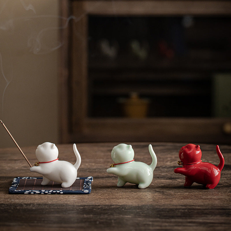 Figurine de chat porte-bonheur en céramique en forme de Buddha Stones avec tapis en bambou - image 18