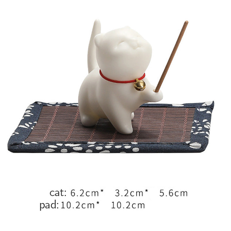 Figurine de chat porte-bonheur en céramique en forme de Buddha Stones avec tapis en bambou - image 10
