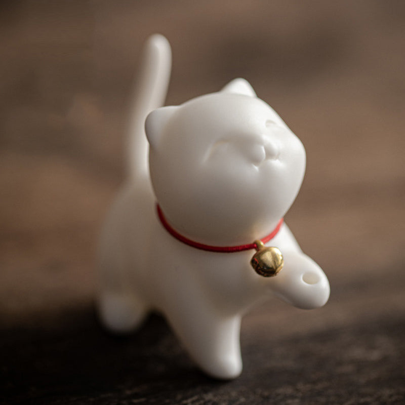 Figurine de chat porte-bonheur en céramique en forme de Buddha Stones avec tapis en bambou - image 7