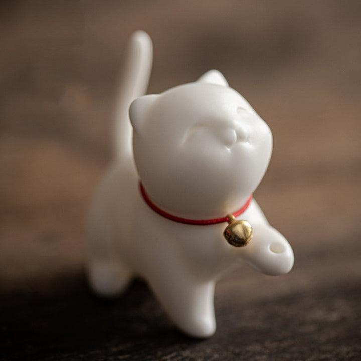 Figurine de chat porte-bonheur en céramique en forme de Buddha Stones avec tapis en bambou - image 6
