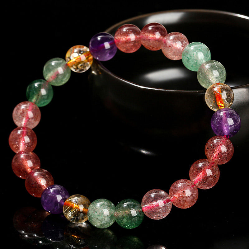 Bracelet de perles de guérison d'amour en quartz fraise multicolore naturel de Buddha Stones