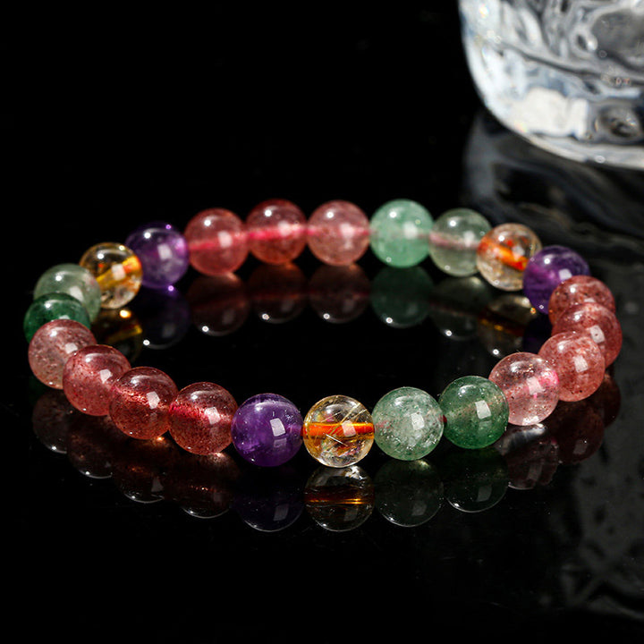 Bracelet de perles de guérison d'amour en quartz fraise multicolore naturel de Buddha Stones