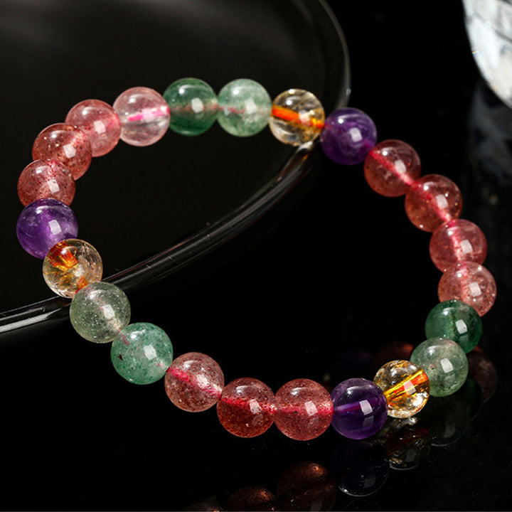 Bracelet de perles de guérison d'amour en quartz fraise multicolore naturel de Buddha Stones