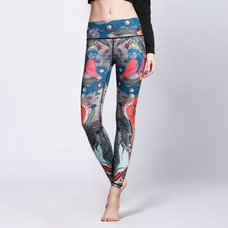 Pantalon imprimé plumes de paon rouge et bleu Buddha Stones Leggings de sport, de fitness, de yoga, pantalon de yoga pour femme - US8-10，UK/AU12-14，EU40-42 (XL) - image 0