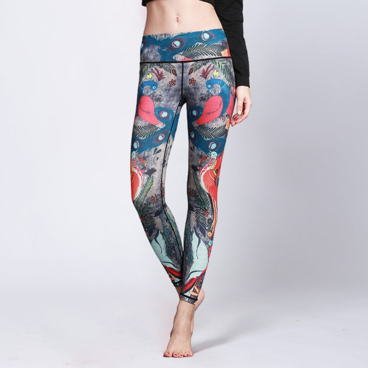 Pantalon imprimé plumes de paon rouge et bleu Buddha Stones Leggings de sport, de fitness, de yoga, pantalon de yoga pour femme - US8-10，UK/AU12-14，EU40-42 (XL) - image 0