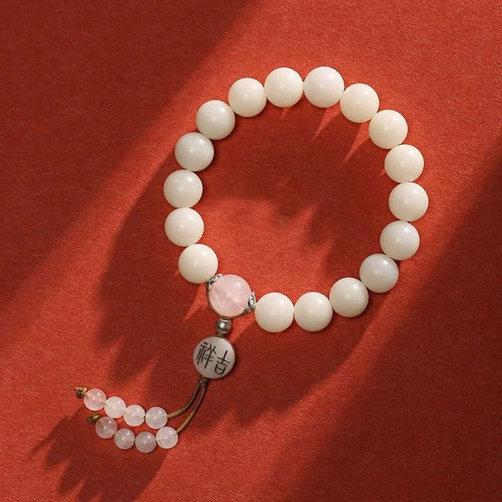 Bracelet Mala en Buddha Stones et graines de Bodhi, agate rouge, obsidienne noire, cristal rose, quartz rutile, paix