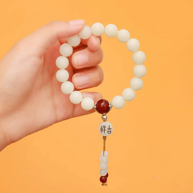 Bracelet Mala en Buddha Stones et graines de Bodhi, agate rouge, obsidienne noire, cristal rose, quartz rutile, paix