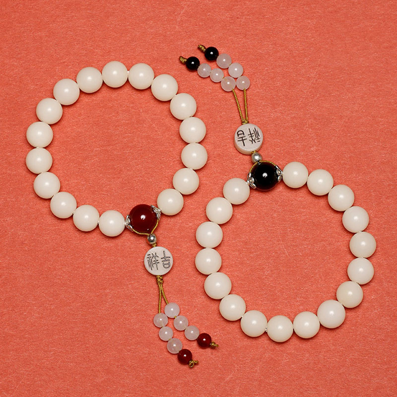 Bracelet Mala en Buddha Stones et graines de Bodhi, agate rouge, obsidienne noire, cristal rose, quartz rutile, paix