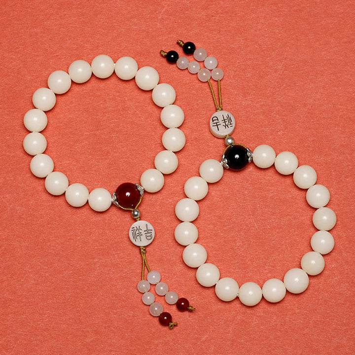 Bracelet Mala en Buddha Stones et graines de Bodhi, agate rouge, obsidienne noire, cristal rose, quartz rutile, paix