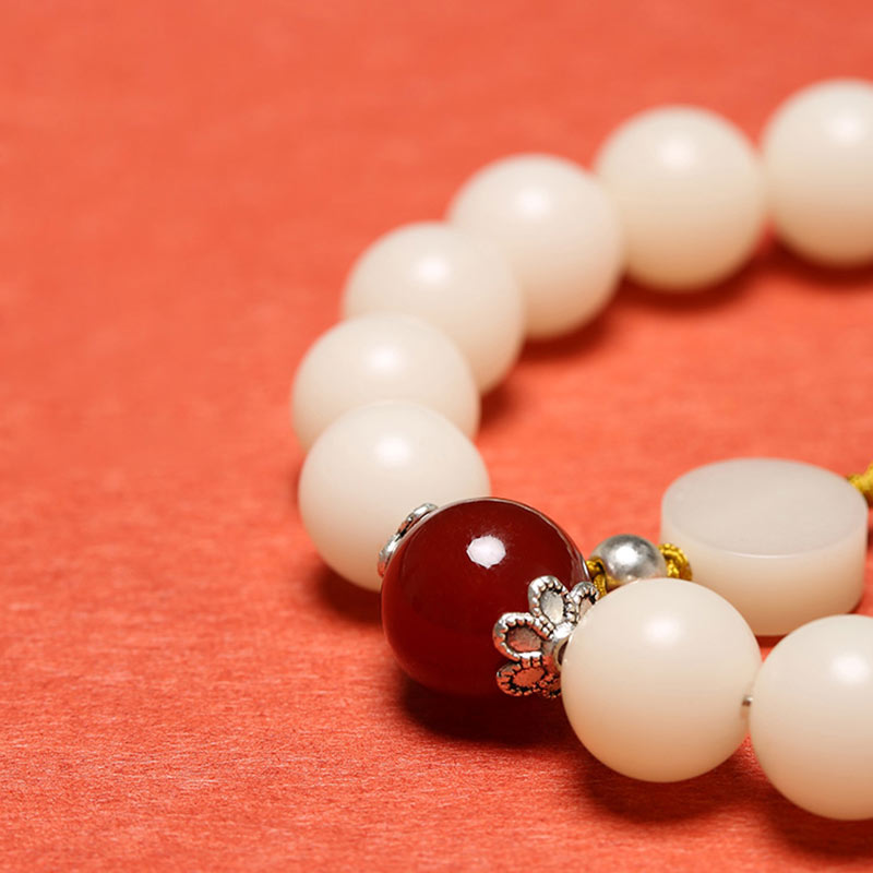 Bracelet Mala en Buddha Stones et graines de Bodhi, agate rouge, obsidienne noire, cristal rose, quartz rutile, paix