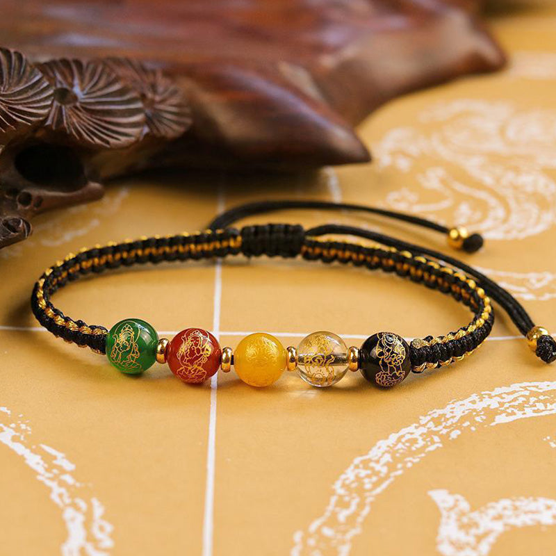 Bracelet tressé en fil de protection fait main en agate Buddha Stones et cinq directions des dieux de la richesse