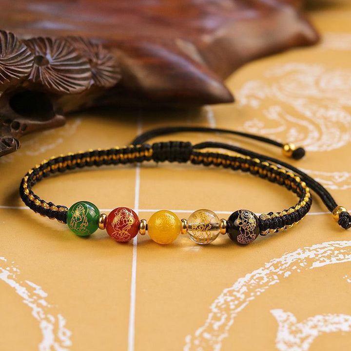 Bracelet tressé en fil de protection fait main en agate Buddha Stones et cinq directions des dieux de la richesse