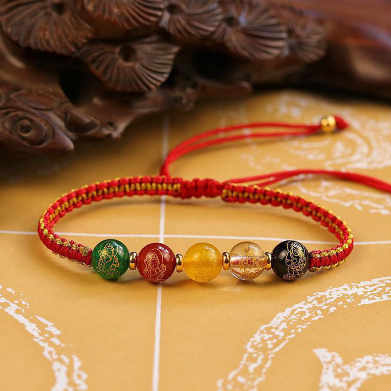 Bracelet tressé en fil de protection fait main en agate Buddha Stones et cinq directions des dieux de la richesse
