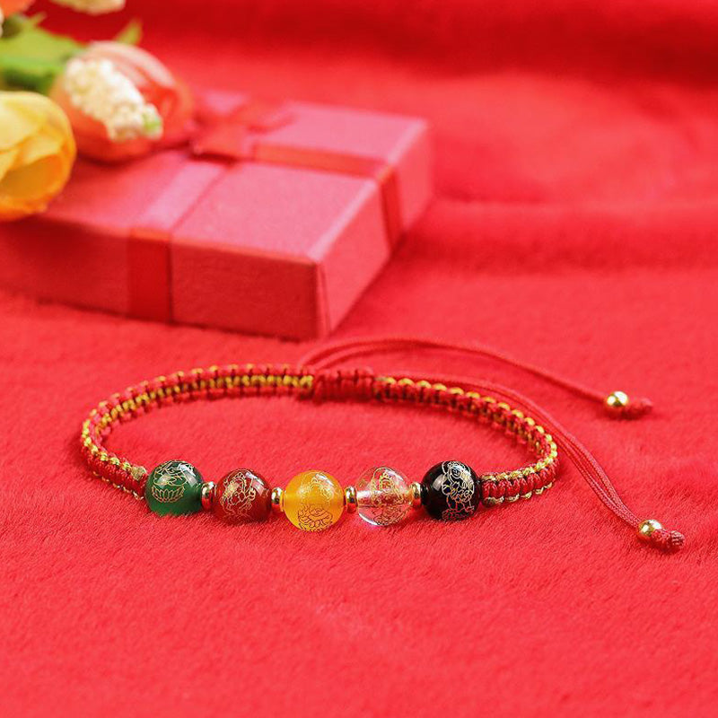Bracelet tressé en fil de protection fait main en agate Buddha Stones et cinq directions des dieux de la richesse